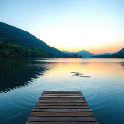 A serene landscape scene depicting a tranquil lake surrounded by lush green trees and distant mountains