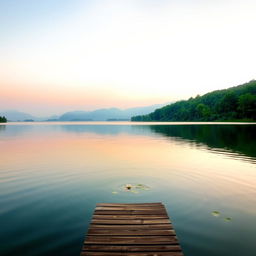 A serene landscape scene depicting a tranquil lake surrounded by lush green trees and distant mountains