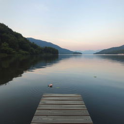 A serene landscape scene depicting a tranquil lake surrounded by lush green trees and distant mountains