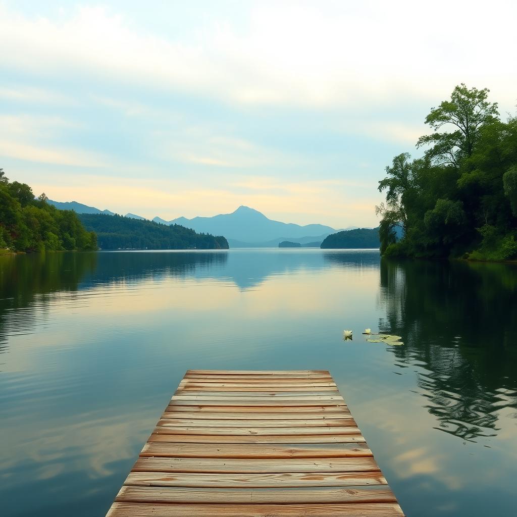 A serene landscape scene depicting a tranquil lake surrounded by lush green trees and distant mountains