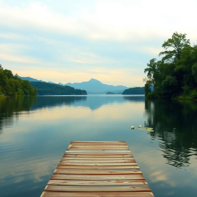 A serene landscape scene depicting a tranquil lake surrounded by lush green trees and distant mountains