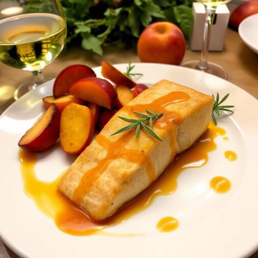 A beautifully arranged dish featuring oven-baked salmon fillet marinated in orange sauce, served with a side of roasted fruits such as peaches and apples, alongside perfectly baked potatoes