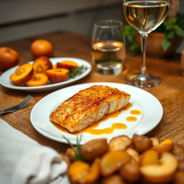 A beautifully arranged dish featuring oven-baked salmon fillet marinated in orange sauce, served with a side of roasted fruits such as peaches and apples, alongside perfectly baked potatoes
