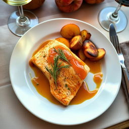A beautifully arranged dish featuring oven-baked salmon fillet marinated in orange sauce, served with a side of roasted fruits such as peaches and apples, alongside perfectly baked potatoes