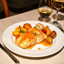 A beautifully arranged dish featuring oven-baked salmon fillet marinated in orange sauce, served with a side of roasted fruits such as peaches and apples, alongside perfectly baked potatoes