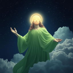 A celestial being resembling God, adorned in an ethereal green dress that flows gracefully, crowned with a glimmering moon