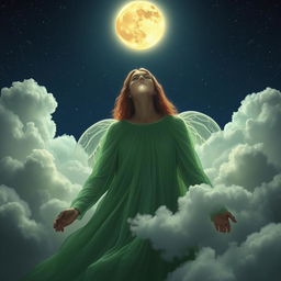 A celestial being resembling God, adorned in an ethereal green dress that flows gracefully, crowned with a glimmering moon