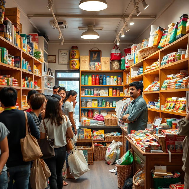 A bustling small shop filled with colorful new products, showcasing a variety of items on wooden shelves