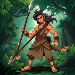 An anime-style illustration inspired by 'Pushpa', showcasing a rugged, charismatic anti-hero in traditional South Indian attire with a confident expression
