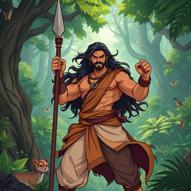 An anime-style illustration inspired by 'Pushpa', showcasing a rugged, charismatic anti-hero in traditional South Indian attire with a confident expression