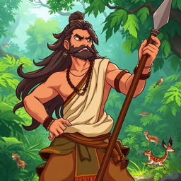 An anime-style illustration inspired by 'Pushpa', showcasing a rugged, charismatic anti-hero in traditional South Indian attire with a confident expression