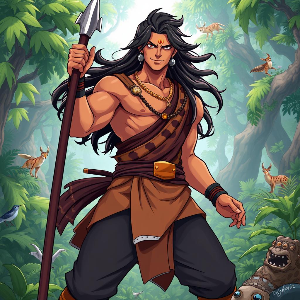 An anime-style illustration inspired by 'Pushpa', showcasing a rugged, charismatic anti-hero in traditional South Indian attire with a confident expression
