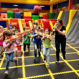 An exciting scene of children playing with Nerf blasters in a specially designed arena featuring distinct black and yellow squares on the flooring