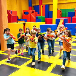 An exciting scene of children playing with Nerf blasters in a specially designed arena featuring distinct black and yellow squares on the flooring