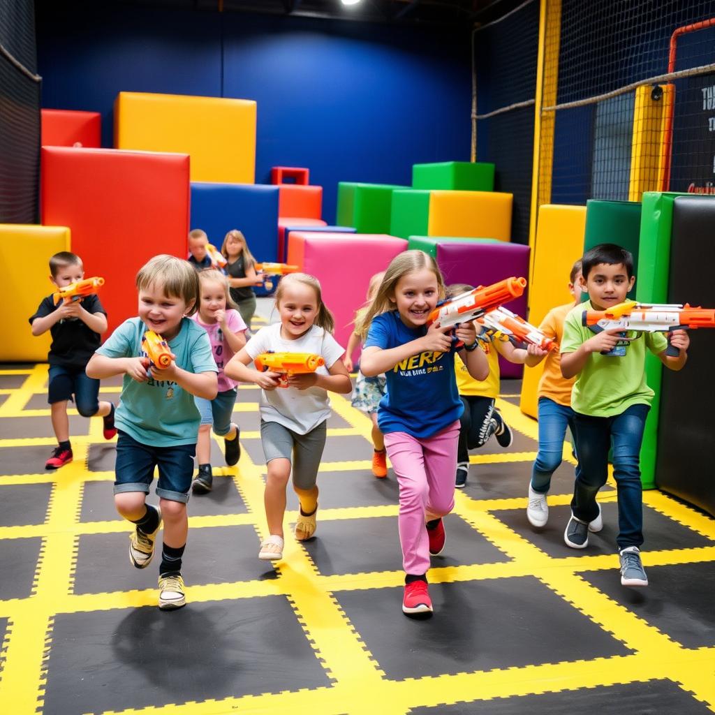 An exciting scene of children playing with Nerf blasters in a specially designed arena featuring distinct black and yellow squares on the flooring