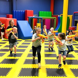 An exciting scene of children playing with Nerf blasters in a specially designed arena featuring distinct black and yellow squares on the flooring