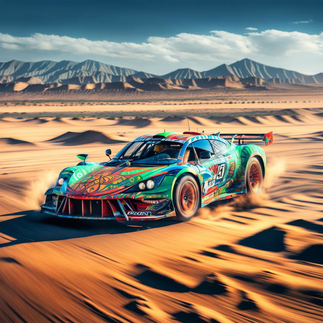 The digital art image features a race car from Eritrea, decorated with traditional Eritrean motifs and the country's flag colors