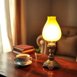 A beautifully designed vintage lamp with a glowing yellow light, casting a warm ambiance in a cozy room