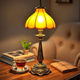 A beautifully designed vintage lamp with a glowing yellow light, casting a warm ambiance in a cozy room