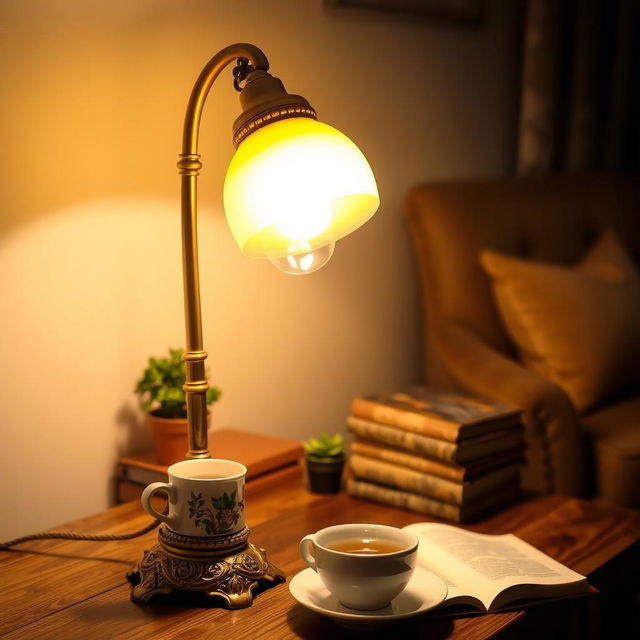 A beautifully designed vintage lamp with a glowing yellow light, casting a warm ambiance in a cozy room