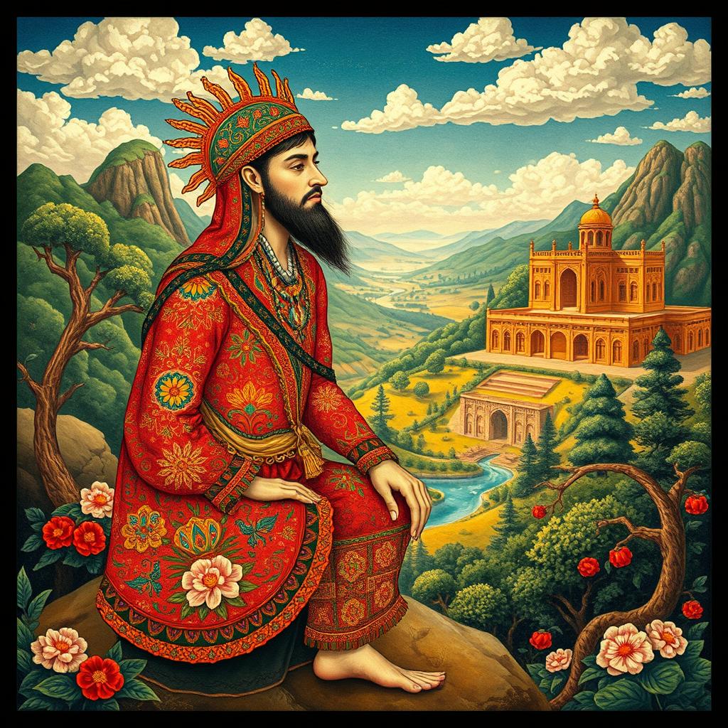 A unique depiction of the first human created in the style of traditional Iranian art
