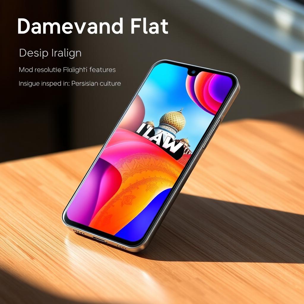 A sleek and modern smartphone design called Damavand Flat, showcasing its Iranian flagship features