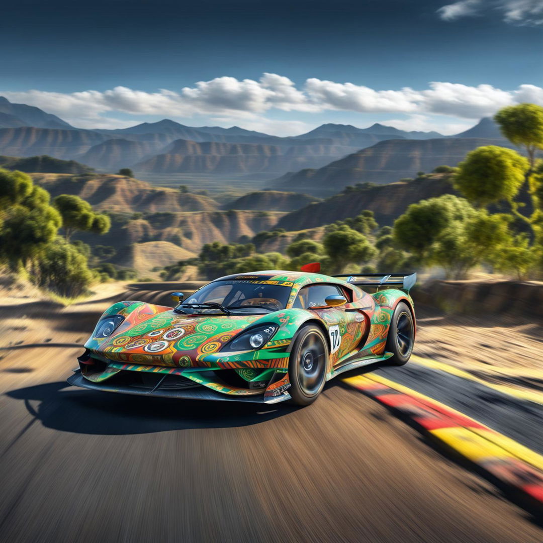 The digital art image features a race car from Ethiopia, decorated with traditional Ethiopian patterns and colors