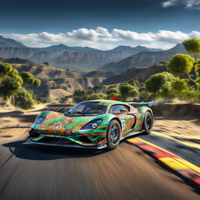 The digital art image features a race car from Ethiopia, decorated with traditional Ethiopian patterns and colors