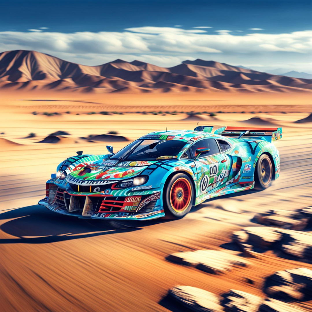 The digital art image features a race car from Djibouti, decorated with traditional Djiboutian motifs and the country's flag colors