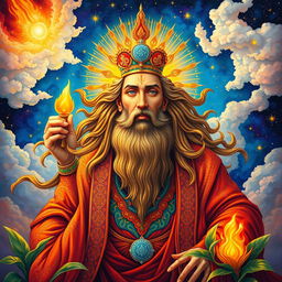 A vibrant and intricate painting of Ahura Mazda, the supreme god of Zoroastrianism, depicted with a radiant, majestic aura