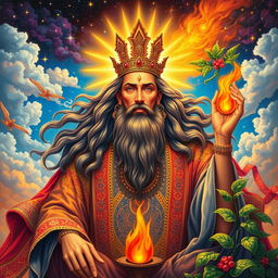 A vibrant and intricate painting of Ahura Mazda, the supreme god of Zoroastrianism, depicted with a radiant, majestic aura