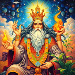 A vibrant and intricate painting of Ahura Mazda, the supreme god of Zoroastrianism, depicted with a radiant, majestic aura