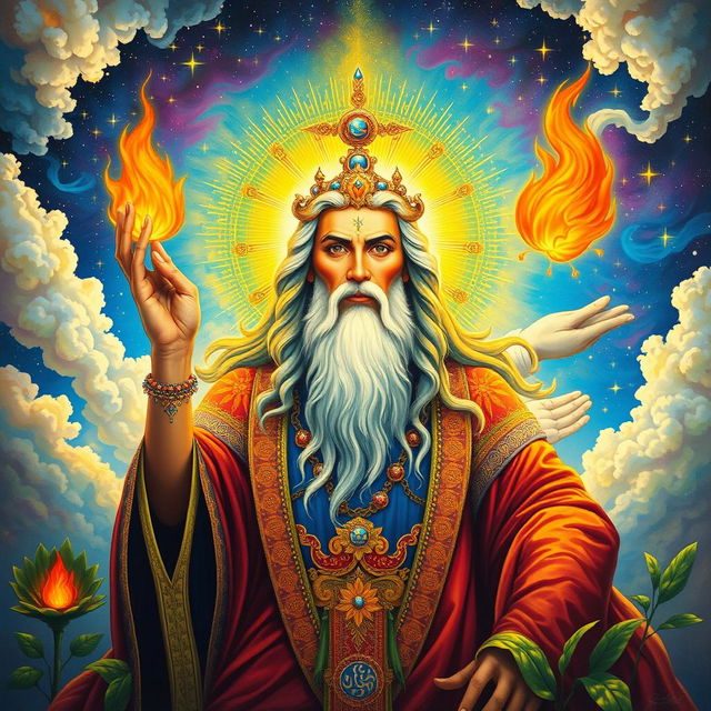 A vibrant and intricate painting of Ahura Mazda, the supreme god of Zoroastrianism, depicted with a radiant, majestic aura