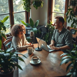 A cozy scene depicting a coffee podcast recording