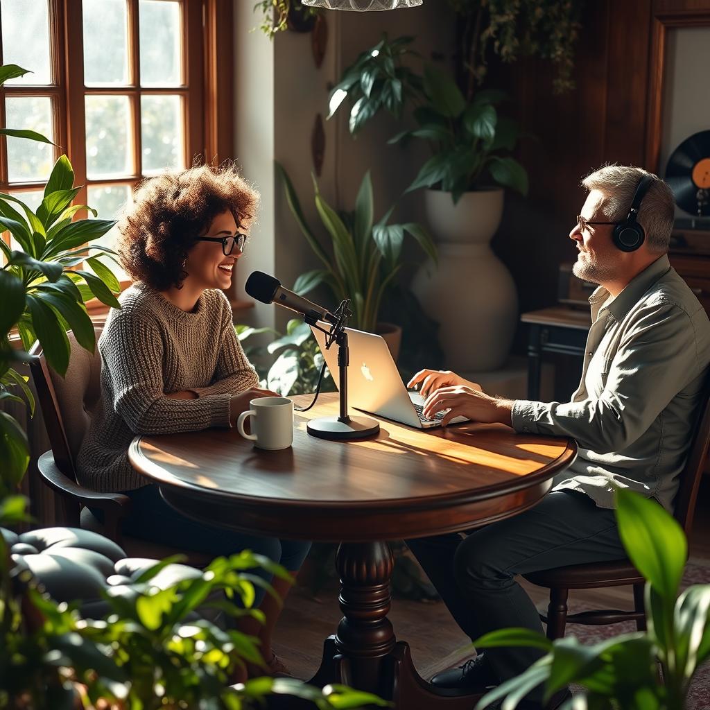A cozy scene depicting a coffee podcast recording