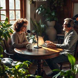 A cozy scene depicting a coffee podcast recording