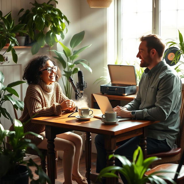 A cozy scene depicting a coffee podcast recording