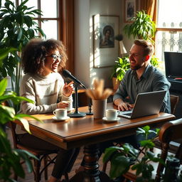 A cozy scene depicting a coffee podcast recording