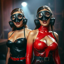 Two attractive, slim women with large breasts dressed in tight, shiny black and red latex suits