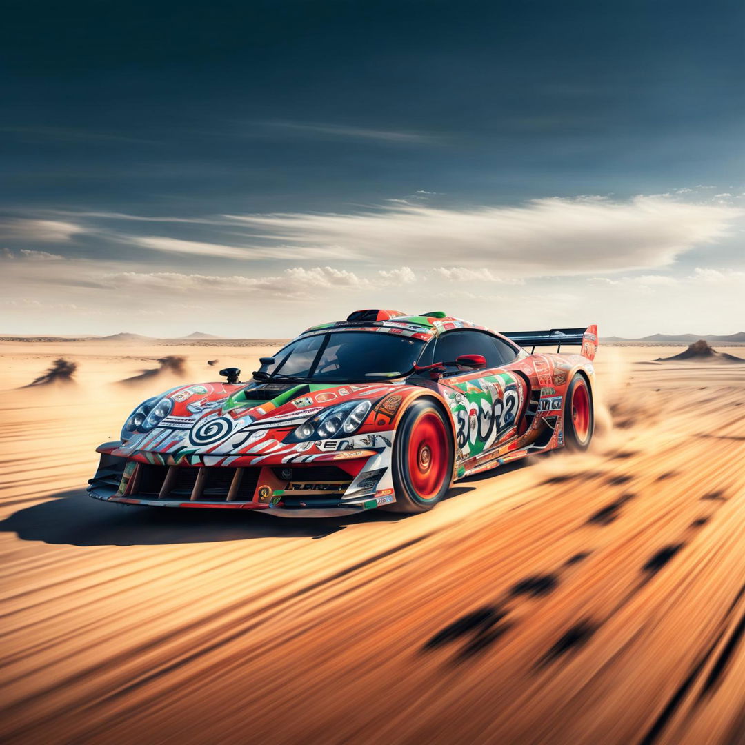 The digital art image features a race car from Sudan, decorated with traditional Sudanese patterns and colors