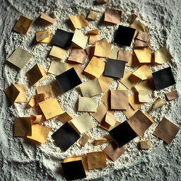 A creative composition featuring five hundred notes scattered on a surface of white flour, arranged artfully to create visual interest