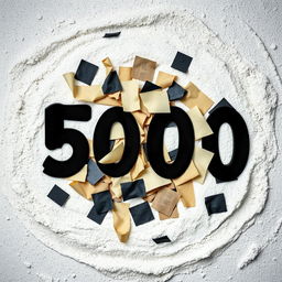 A creative composition featuring five hundred notes scattered on a surface of white flour, arranged artfully to create visual interest