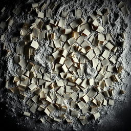 A creative composition featuring five hundred notes scattered on a surface of white flour, arranged artfully to create visual interest