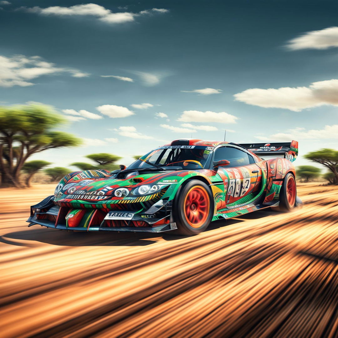 The digital art image features a race car from South Sudan, decorated with traditional South Sudanese patterns and colors