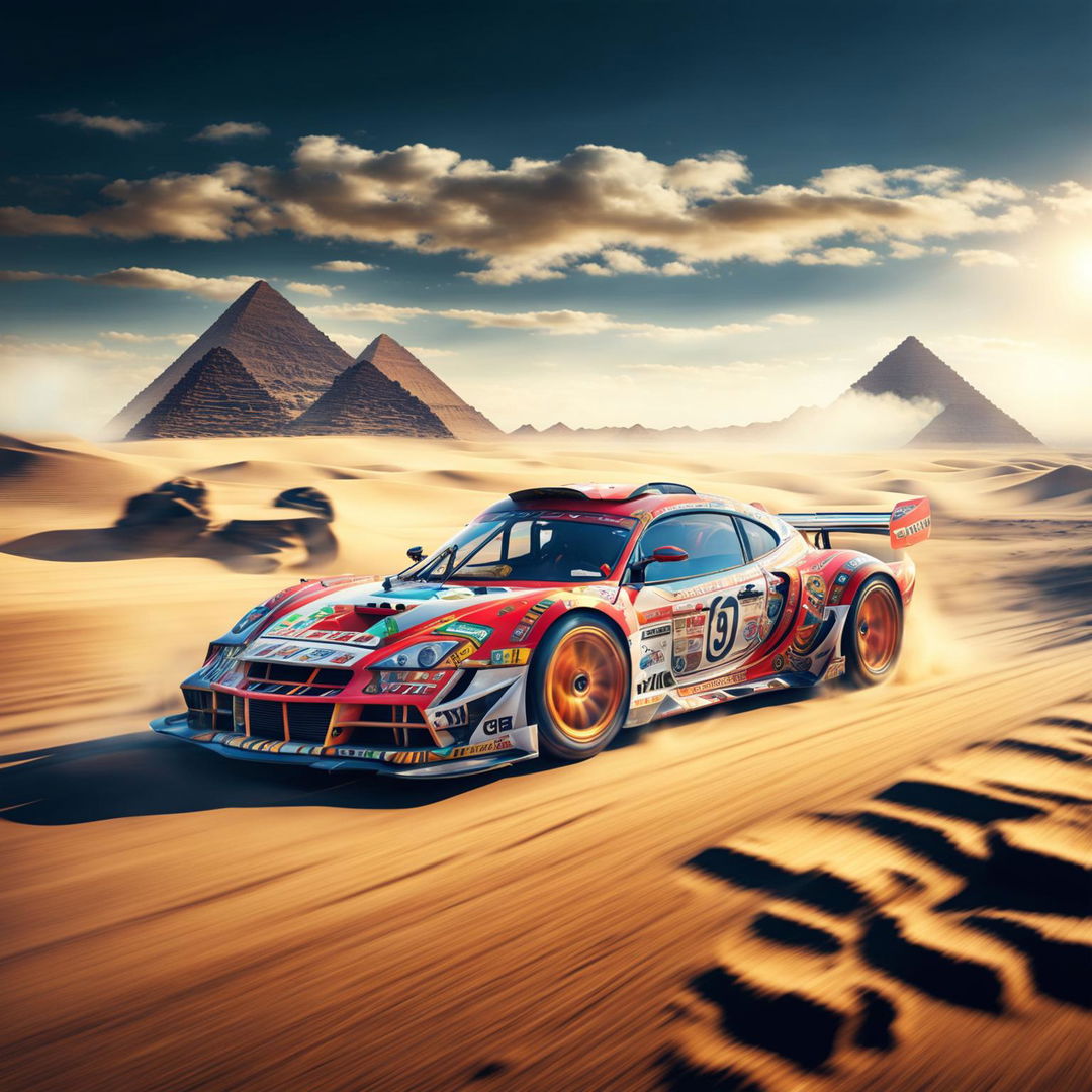 The digital art image features a race car from Egypt, decorated with traditional Egyptian motifs and the country's flag colors