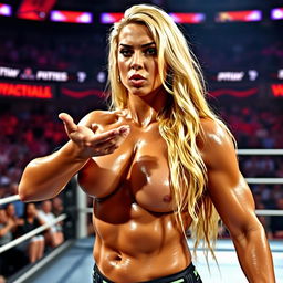 A powerful woman with a muscular physique and long blonde hair, exuding confidence and sass in a wrestling arena