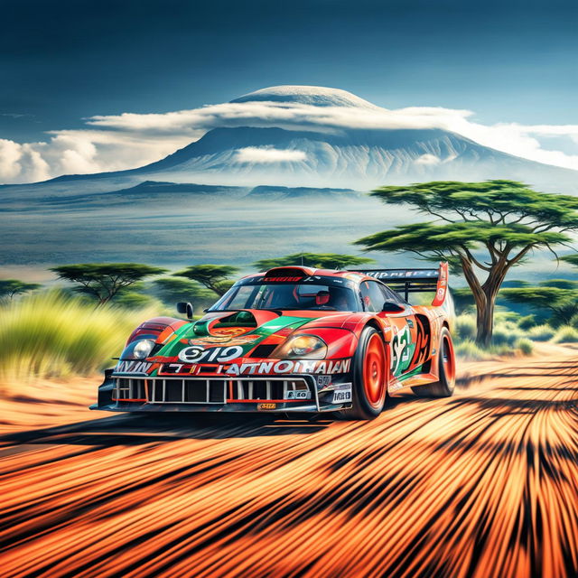 The digital art image features a race car from Kenya, decorated with traditional Kenyan patterns and colors