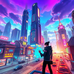 A vibrant digital artwork showcasing a futuristic cityscape in the world of FiveM, incorporating elements from the RedEngine modification