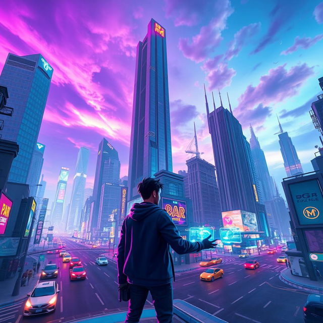 A vibrant digital artwork showcasing a futuristic cityscape in the world of FiveM, incorporating elements from the RedEngine modification