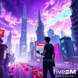 A vibrant digital artwork showcasing a futuristic cityscape in the world of FiveM, incorporating elements from the RedEngine modification